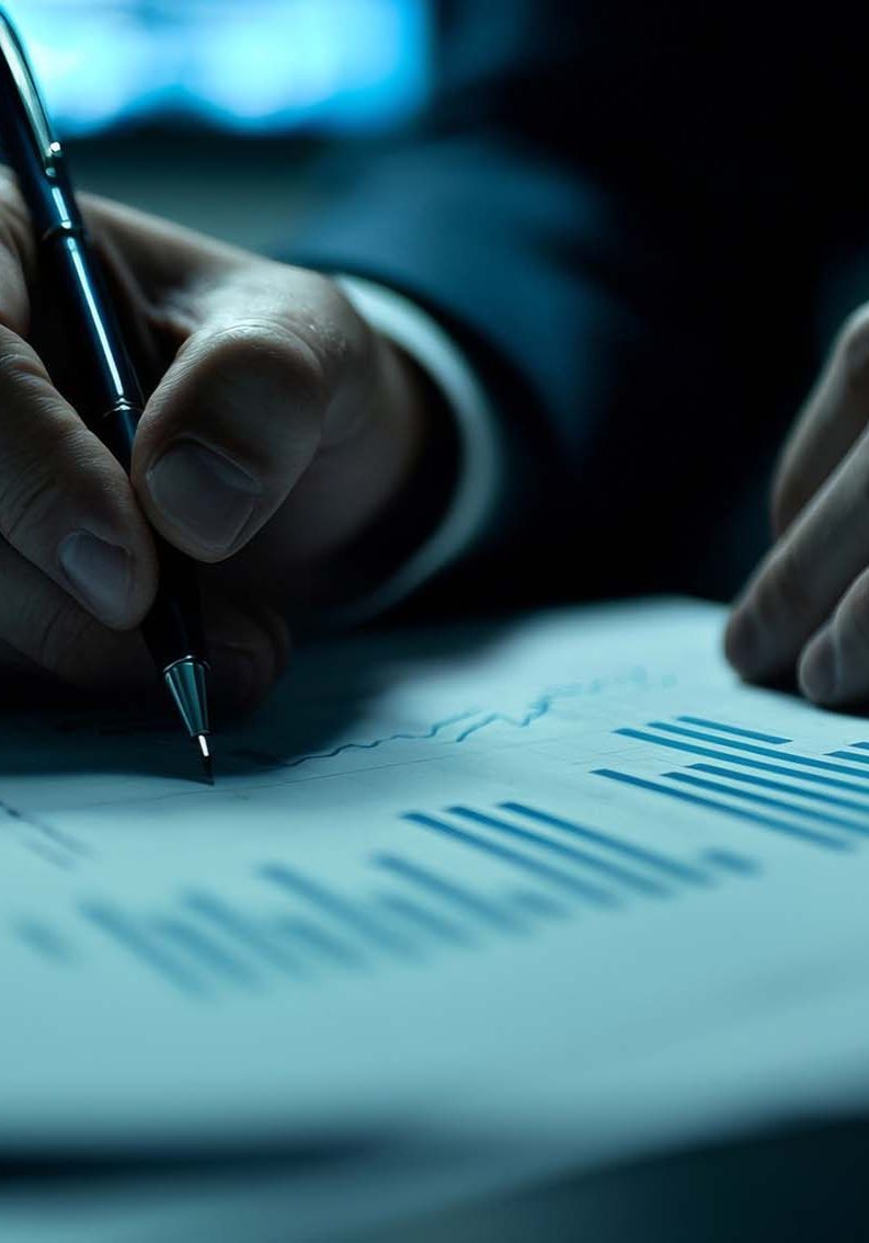 Man in suit looking at stats